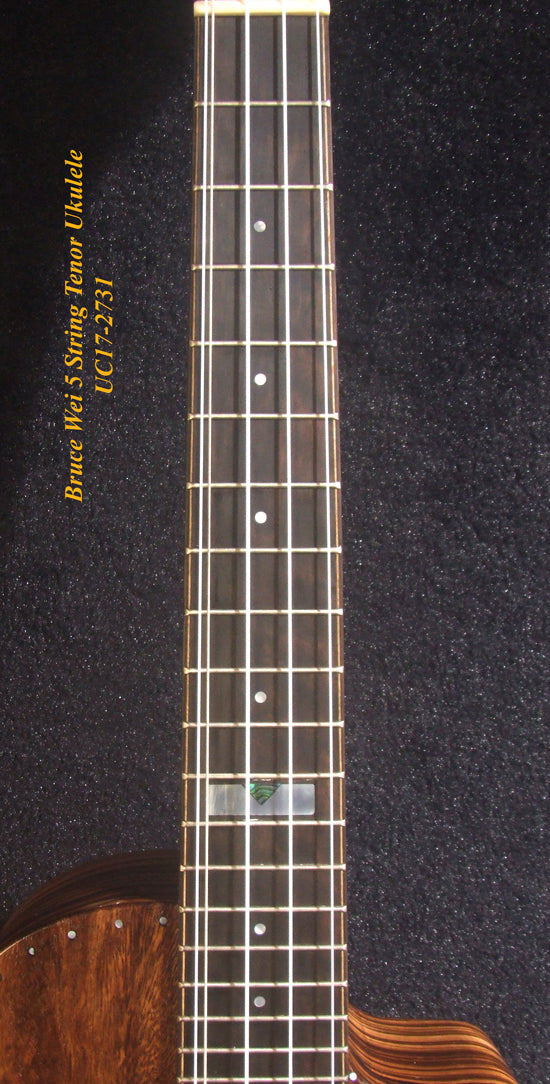 5 String Tenor Ukulele, Handmade Solid Acacia, Zebra wood, Cutaway, Soft-bag, Bruce Wei UC17-2731