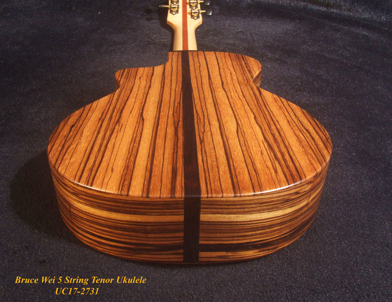 5 String Tenor Ukulele, Handmade Solid Acacia, Zebra wood, Cutaway, Soft-bag, Bruce Wei UC17-2731
