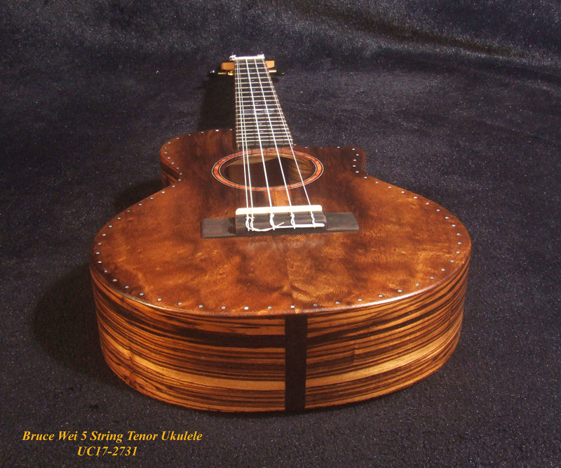 5 String Tenor Ukulele, Handmade Solid Acacia, Zebra wood, Cutaway, Soft-bag, Bruce Wei UC17-2731