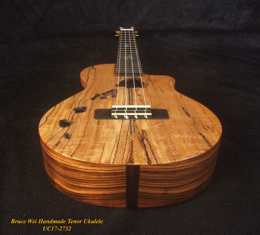 Handmade Tenor Ukulele, Solid Curly Spalted Maple, Zebra wood, The Islands Soundhole, Abalone MOP inlay, Soft-bag, Bruce Wei UC17-2732