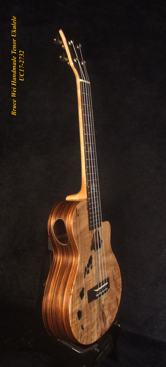 Handmade Tenor Ukulele, Solid Curly Spalted Maple, Zebra wood, The Islands Soundhole, Abalone MOP inlay, Soft-bag, Bruce Wei UC17-2732