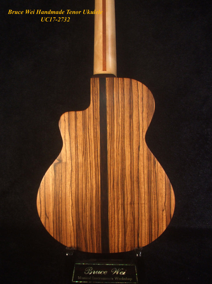 Handmade Tenor Ukulele, Solid Curly Spalted Maple, Zebra wood, The Islands Soundhole, Abalone MOP inlay, Soft-bag, Bruce Wei UC17-2732