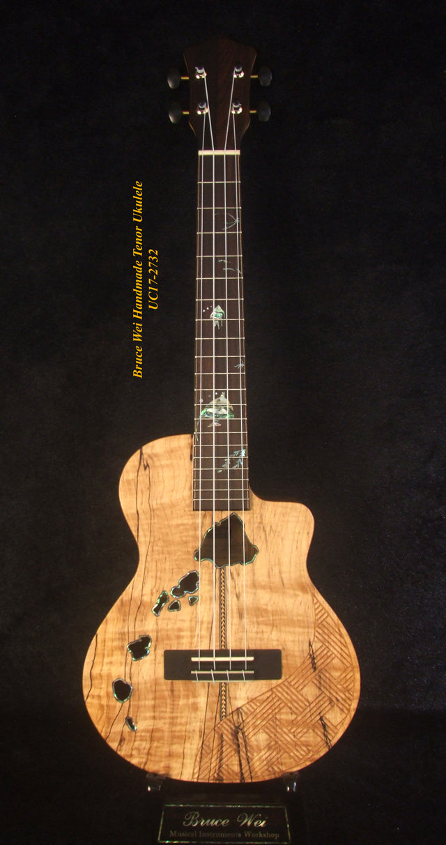 Handmade Tenor Ukulele, Solid Curly Spalted Maple, Zebra wood, The Islands Soundhole, Abalone MOP inlay, Soft-bag, Bruce Wei UC17-2732
