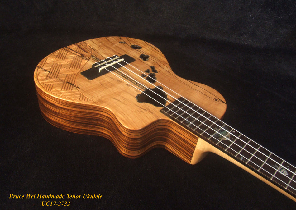 Handmade Tenor Ukulele, Solid Curly Spalted Maple, Zebra wood, The Islands Soundhole, Abalone MOP inlay, Soft-bag, Bruce Wei UC17-2732