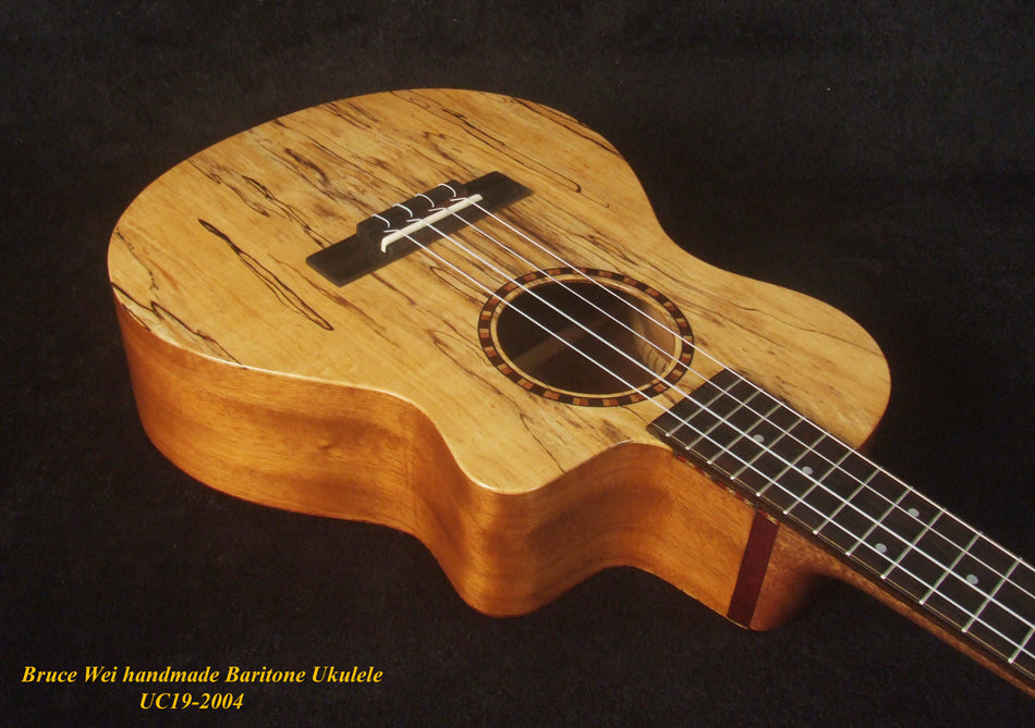 Handmade Baritone Ukulele, Solid Spalted Maple, Spalted Rosewood Cutaway, 4 String, Soft-bag, Bruce Wei UC19-2004