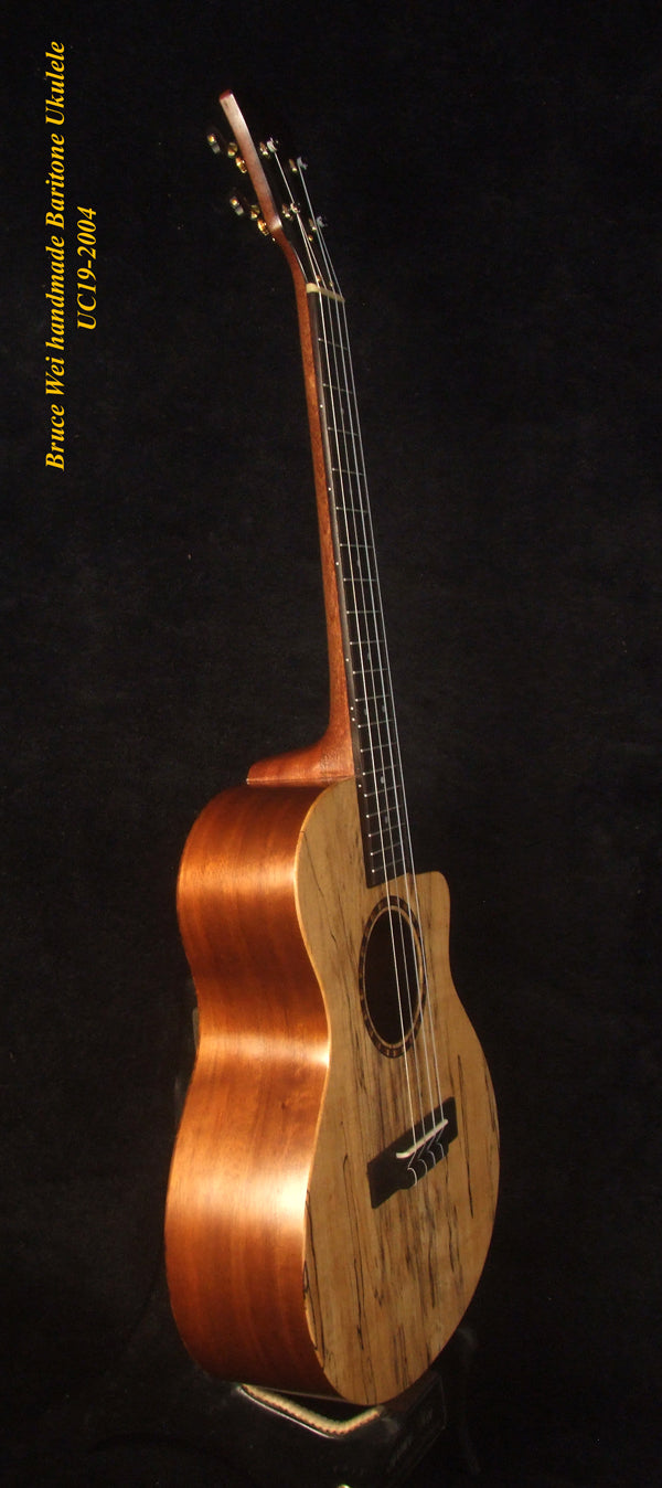 Handmade Baritone Ukulele, Solid Spalted Maple, Spalted Rosewood Cutaway, 4 String, Soft-bag, Bruce Wei UC19-2004