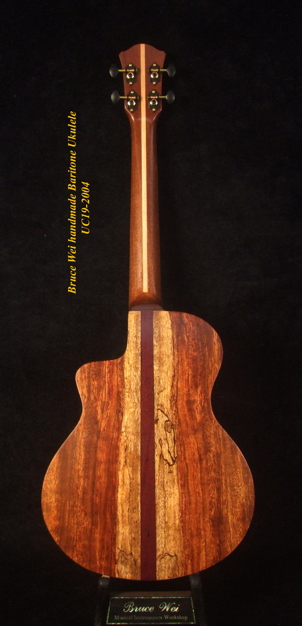 Handmade Baritone Ukulele, Solid Spalted Maple, Spalted Rosewood Cutaway, 4 String, Soft-bag, Bruce Wei UC19-2004