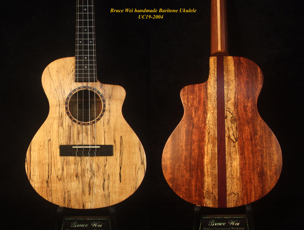 Handmade Baritone Ukulele, Solid Spalted Maple, Spalted Rosewood Cutaway, 4 String, Soft-bag, Bruce Wei UC19-2004
