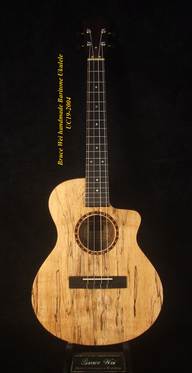 Handmade Baritone Ukulele, Solid Spalted Maple, Spalted Rosewood Cutaway, 4 String, Soft-bag, Bruce Wei UC19-2004