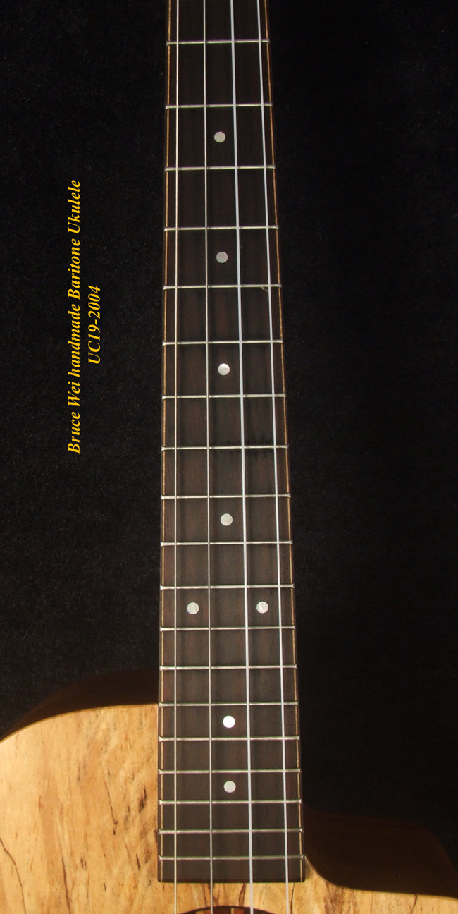 Handmade Baritone Ukulele, Solid Spalted Maple, Spalted Rosewood Cutaway, 4 String, Soft-bag, Bruce Wei UC19-2004