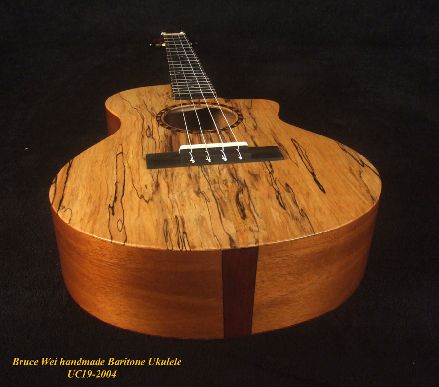 Handmade Baritone Ukulele, Solid Spalted Maple, Spalted Rosewood Cutaway, 4 String, Soft-bag, Bruce Wei UC19-2004