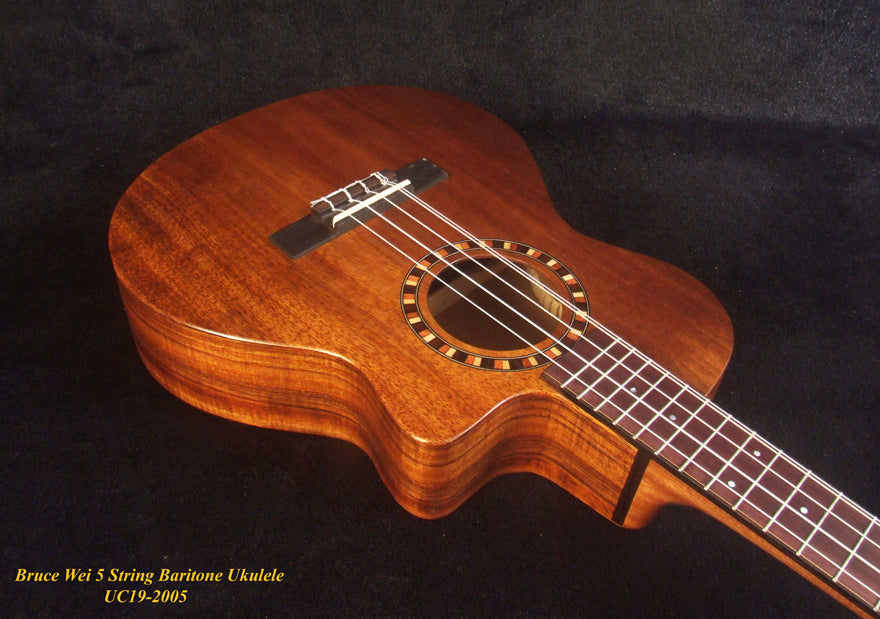 Handcrafted 5 String Baritone Ukulele, Hawaiian Koa, Cutaway, Soft-bag, Bruce Wei UC19-2005