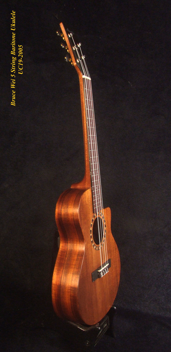Handcrafted 5 String Baritone Ukulele, Hawaiian Koa, Cutaway, Soft-bag, Bruce Wei UC19-2005