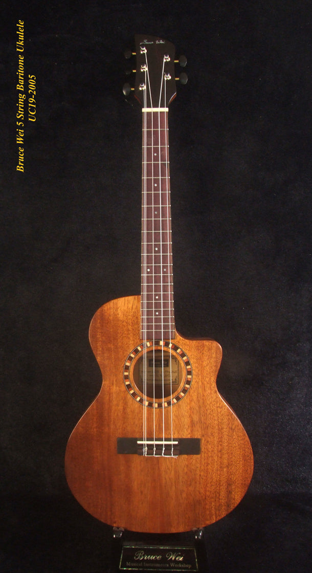Handcrafted 5 String Baritone Ukulele, Hawaiian Koa, Cutaway, Soft-bag, Bruce Wei UC19-2005