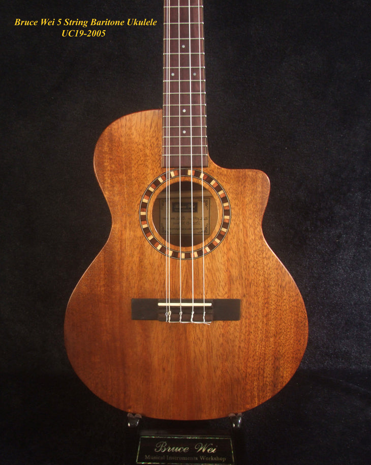Handcrafted 5 String Baritone Ukulele, Hawaiian Koa, Cutaway, Soft-bag, Bruce Wei UC19-2005