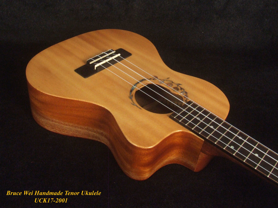 Handmade Tenor Ukulele, Solid Spalted Rosewood & Spruce, MayLily Floral Inlay, Soft-bag, Bruce Wei UCK17-2001-1