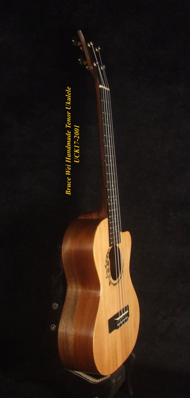 Handmade Tenor Ukulele, Solid Spalted Rosewood & Spruce, MayLily Floral Inlay, Soft-bag, Bruce Wei UCK17-2001-1
