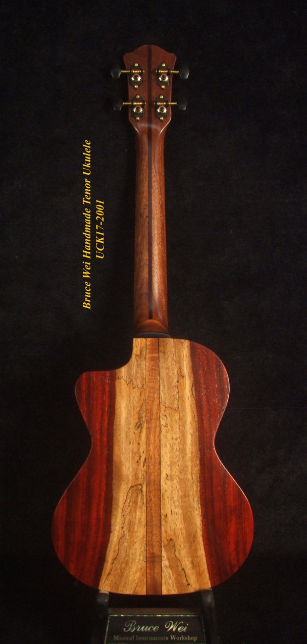 Handmade Tenor Ukulele, Solid Spalted Rosewood & Spruce, MayLily Floral Inlay, Soft-bag, Bruce Wei UCK17-2001-1