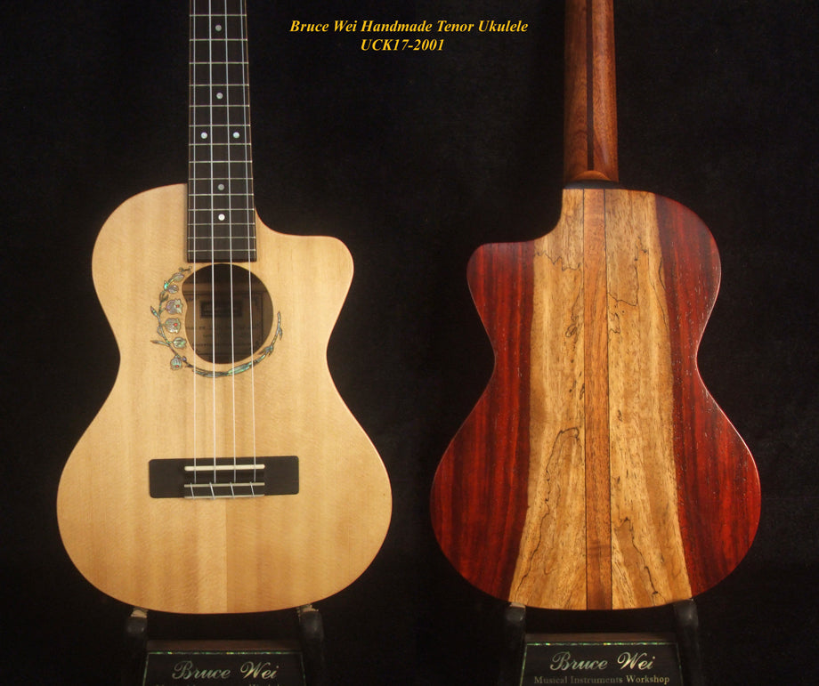 Handmade Tenor Ukulele, Solid Spalted Rosewood & Spruce, MayLily Floral Inlay, Soft-bag, Bruce Wei UCK17-2001-1