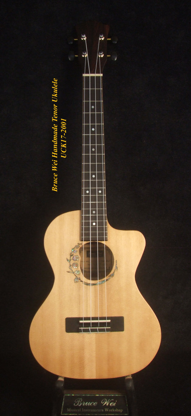 Handmade Tenor Ukulele, Solid Spalted Rosewood & Spruce, MayLily Floral Inlay, Soft-bag, Bruce Wei UCK17-2001-1