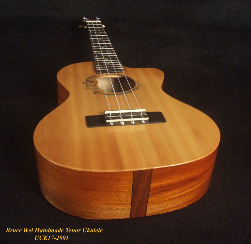 Handmade Tenor Ukulele, Solid Spalted Rosewood & Spruce, MayLily Floral Inlay, Soft-bag, Bruce Wei UCK17-2001-1
