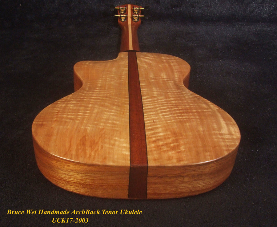 Handmade ArchBack Tenor Ukulele, Solid Quilted Maple, Leaf decor, Soft-bag, Bruce Wei UCK17-2003