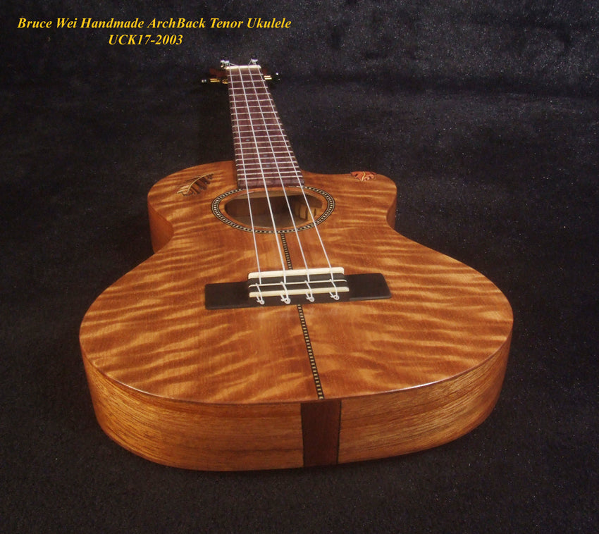 Handmade ArchBack Tenor Ukulele, Solid Quilted Maple, Leaf decor, Soft-bag, Bruce Wei UCK17-2003
