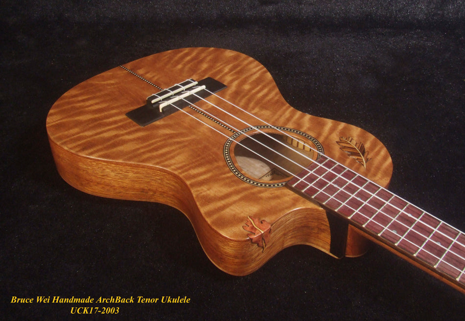 Handmade ArchBack Tenor Ukulele, Solid Quilted Maple, Leaf decor, Soft-bag, Bruce Wei UCK17-2003