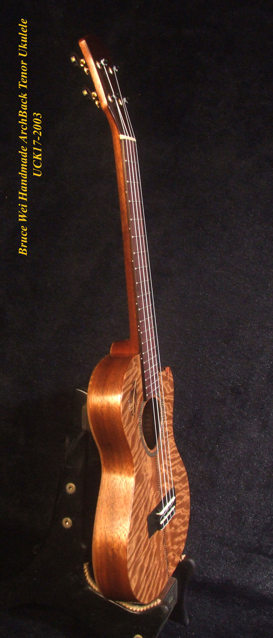 Handmade ArchBack Tenor Ukulele, Solid Quilted Maple, Leaf decor, Soft-bag, Bruce Wei UCK17-2003