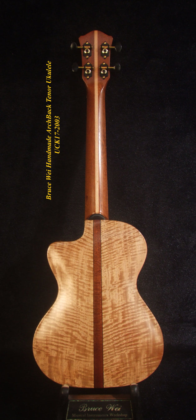 Handmade ArchBack Tenor Ukulele, Solid Quilted Maple, Leaf decor, Soft-bag, Bruce Wei UCK17-2003