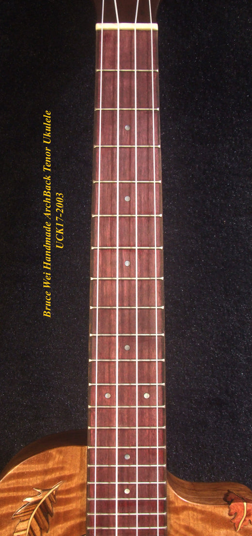 Handmade ArchBack Tenor Ukulele, Solid Quilted Maple, Leaf decor, Soft-bag, Bruce Wei UCK17-2003
