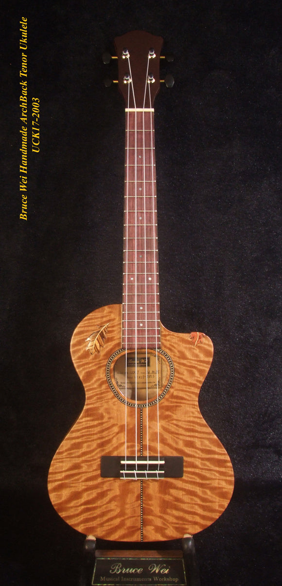 Handmade ArchBack Tenor Ukulele, Solid Quilted Maple, Leaf decor, Soft-bag, Bruce Wei UCK17-2003