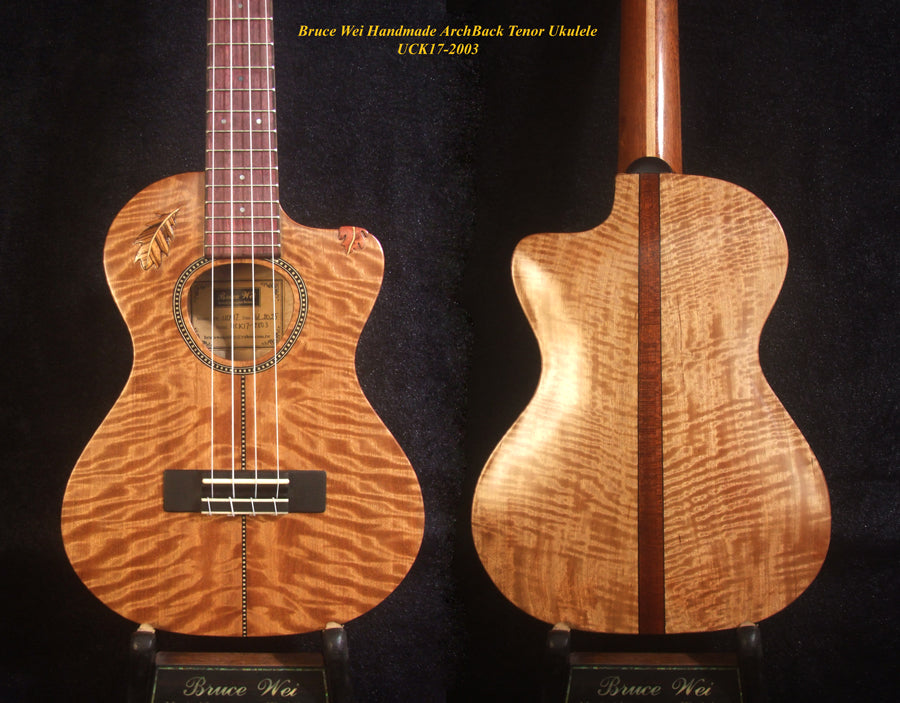 Handmade ArchBack Tenor Ukulele, Solid Quilted Maple, Leaf decor, Soft-bag, Bruce Wei UCK17-2003