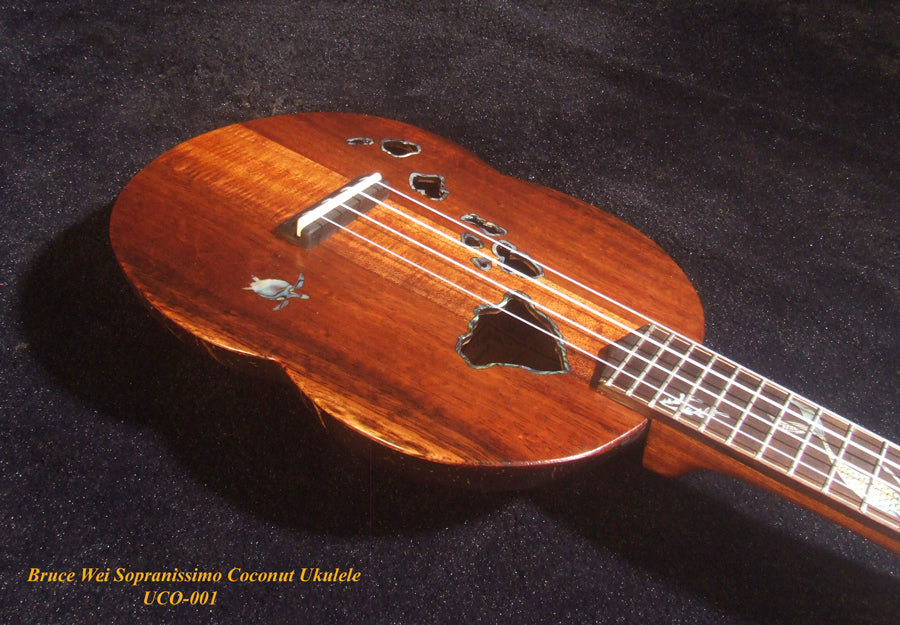Unique Sopranissimo/ Pocket Ukulele, Coconut Back, Solid Hawaiian Koa, Mermaid Inlay, Soft-bag, Bruce Wei UCO-001