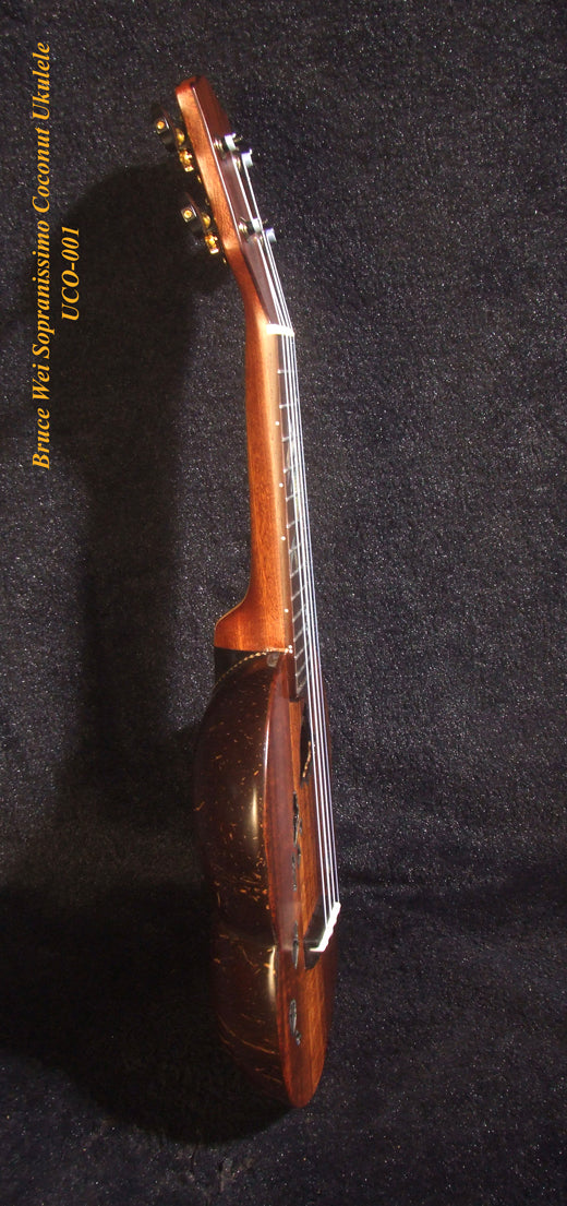 Unique Sopranissimo/ Pocket Ukulele, Coconut Back, Solid Hawaiian Koa, Mermaid Inlay, Soft-bag, Bruce Wei UCO-001