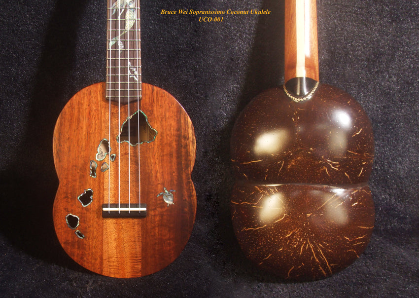 Unique Sopranissimo/ Pocket Ukulele, Coconut Back, Solid Hawaiian Koa, Mermaid Inlay, Soft-bag, Bruce Wei UCO-001