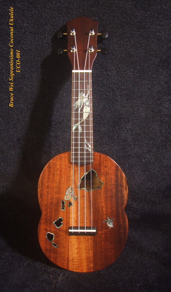 Unique Sopranissimo/ Pocket Ukulele, Coconut Back, Solid Hawaiian Koa, Mermaid Inlay, Soft-bag, Bruce Wei UCO-001
