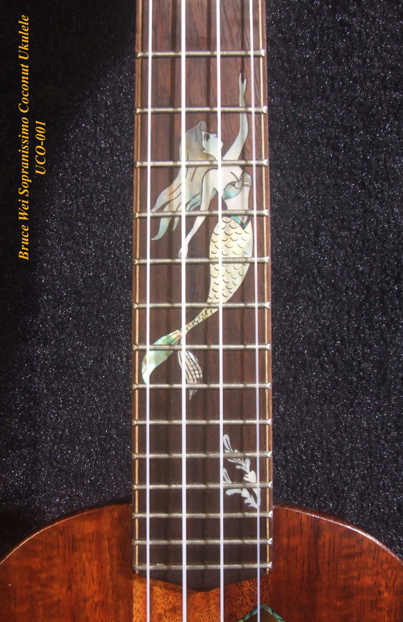Unique Sopranissimo/ Pocket Ukulele, Coconut Back, Solid Hawaiian Koa, Mermaid Inlay, Soft-bag, Bruce Wei UCO-001