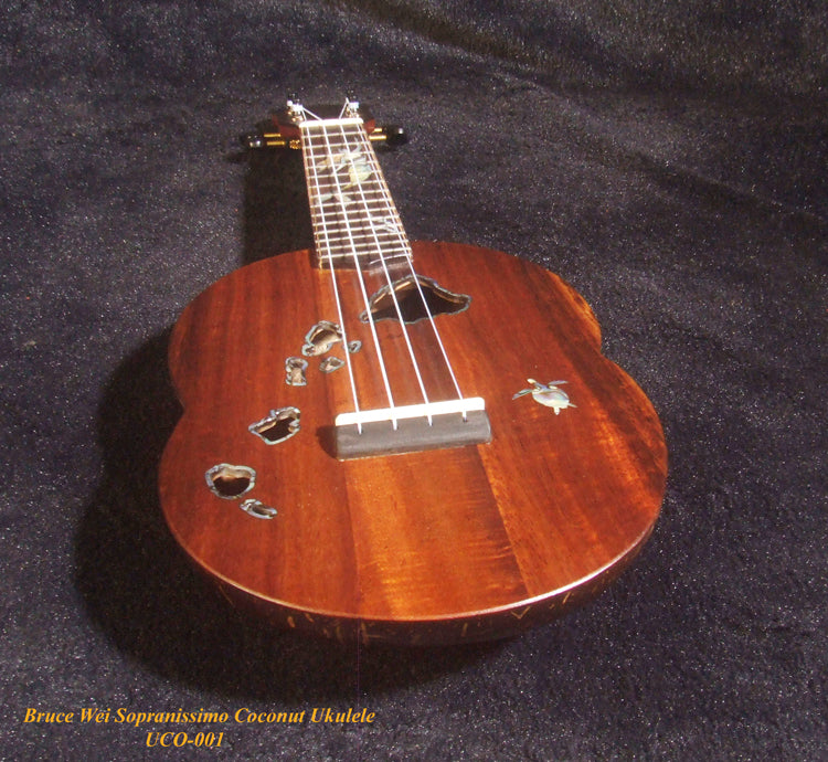 Unique Sopranissimo/ Pocket Ukulele, Coconut Back, Solid Hawaiian Koa, Mermaid Inlay, Soft-bag, Bruce Wei UCO-001