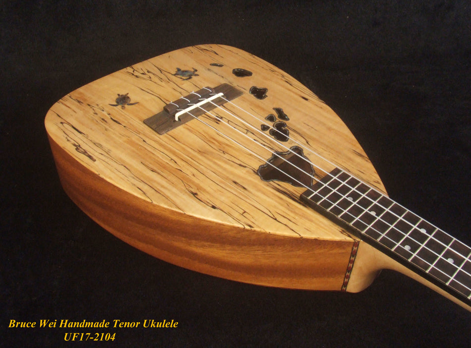 Handmade Tenor Ukulele, Solid Spalted Maple & Acacia, The Islands Soundhole, Turtle Inlay, Soft-bag, Bruce Wei UF17-2104