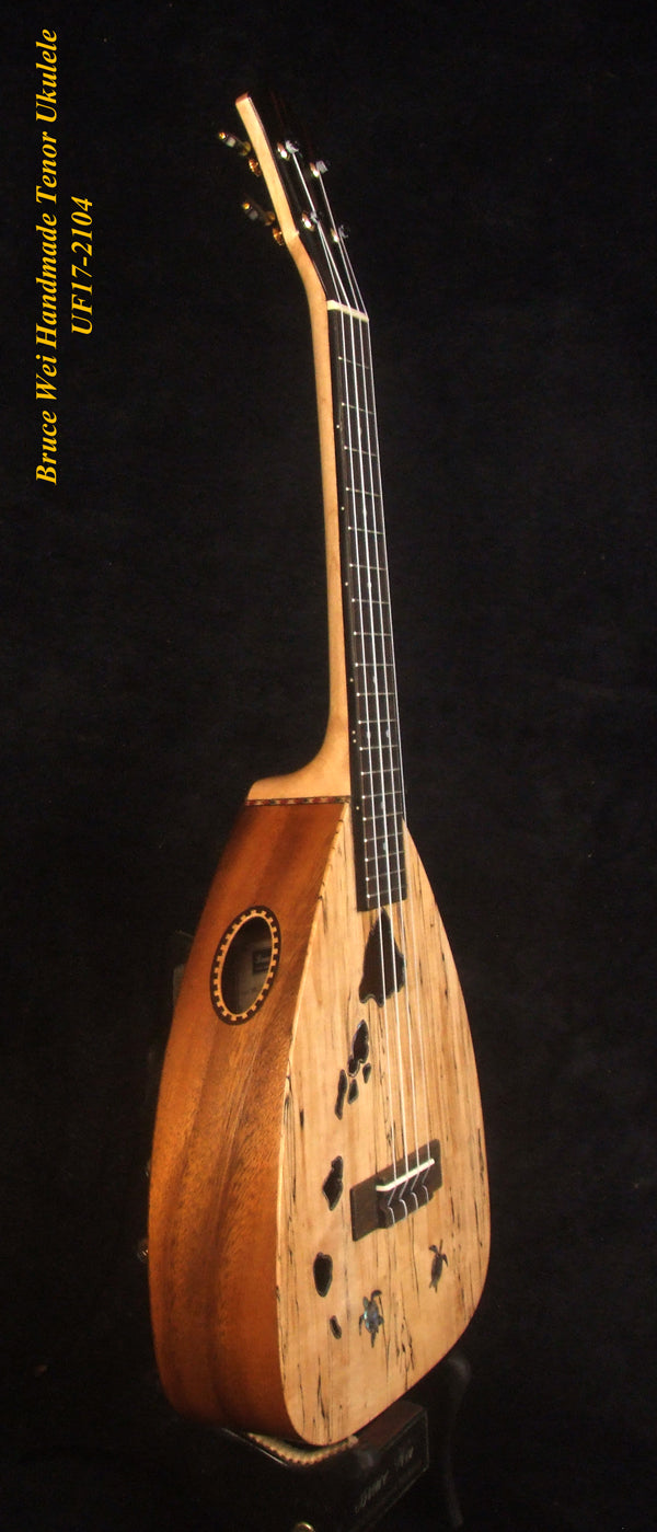 Handmade Tenor Ukulele, Solid Spalted Maple & Acacia, The Islands Soundhole, Turtle Inlay, Soft-bag, Bruce Wei UF17-2104