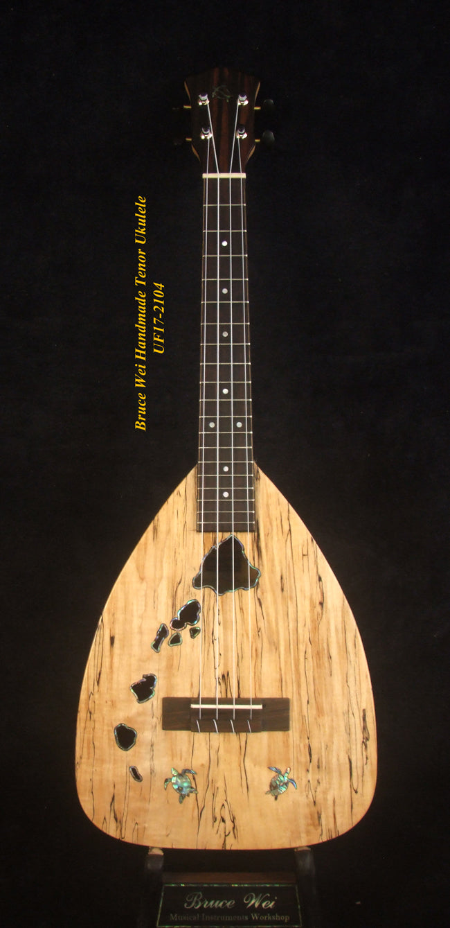 Handmade Tenor Ukulele, Solid Spalted Maple & Acacia, The Islands Soundhole, Turtle Inlay, Soft-bag, Bruce Wei UF17-2104