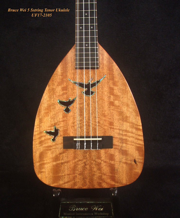 Handmade 5 String Tenor Ukulele, Solid Curly Mango & Curly Rosewood, Dove Soundhole, Soft-bag, Bruce Wei UF17-2105
