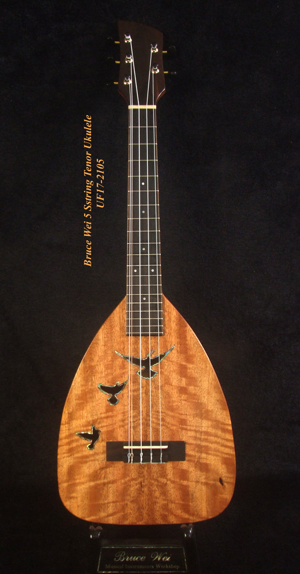 Handmade 5 String Tenor Ukulele, Solid Curly Mango & Curly Rosewood, Dove Soundhole, Soft-bag, Bruce Wei UF17-2105