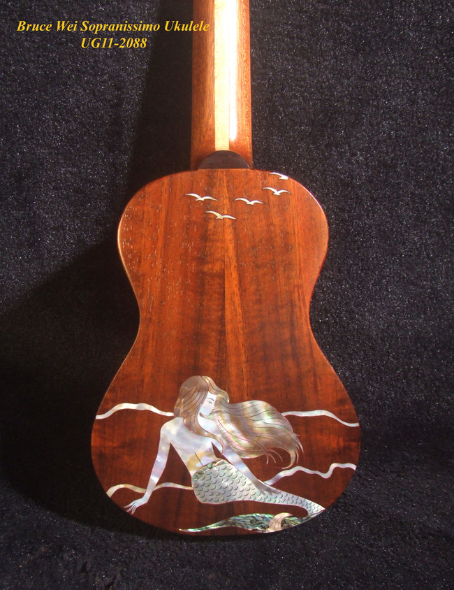 Handmade Sopranissimo/ Pocket Ukulele, Solid Hawaiian Koa, Mermaid Inlay, Soft-bag, Bruce Wei UG11-2088