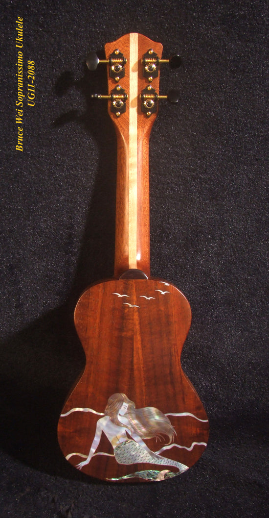 Handmade Sopranissimo/ Pocket Ukulele, Solid Hawaiian Koa, Mermaid Inlay, Soft-bag, Bruce Wei UG11-2088