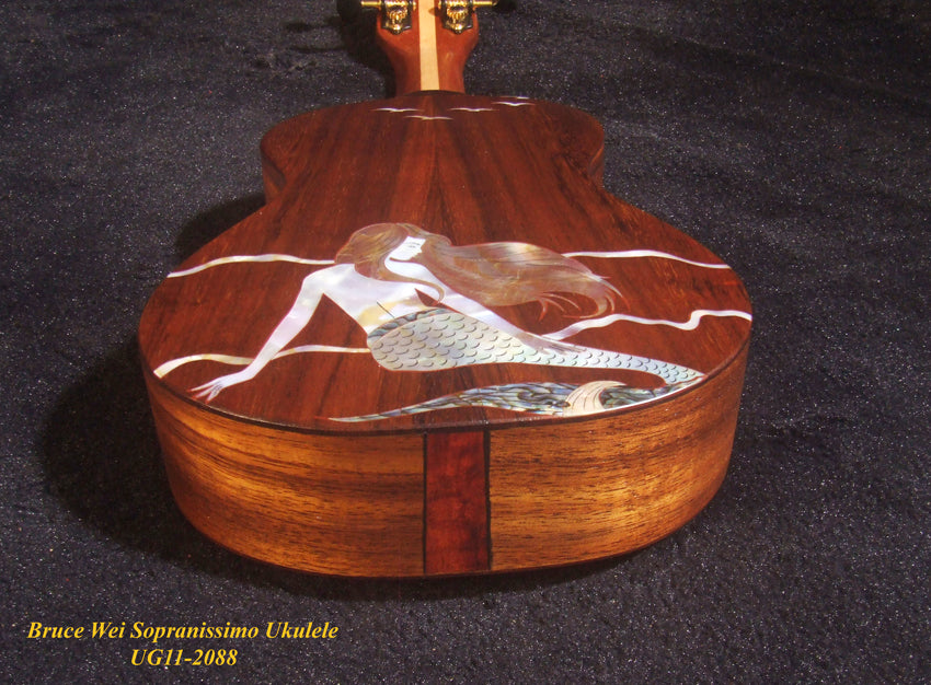 Handmade Sopranissimo/ Pocket Ukulele, Solid Hawaiian Koa, Mermaid Inlay, Soft-bag, Bruce Wei UG11-2088