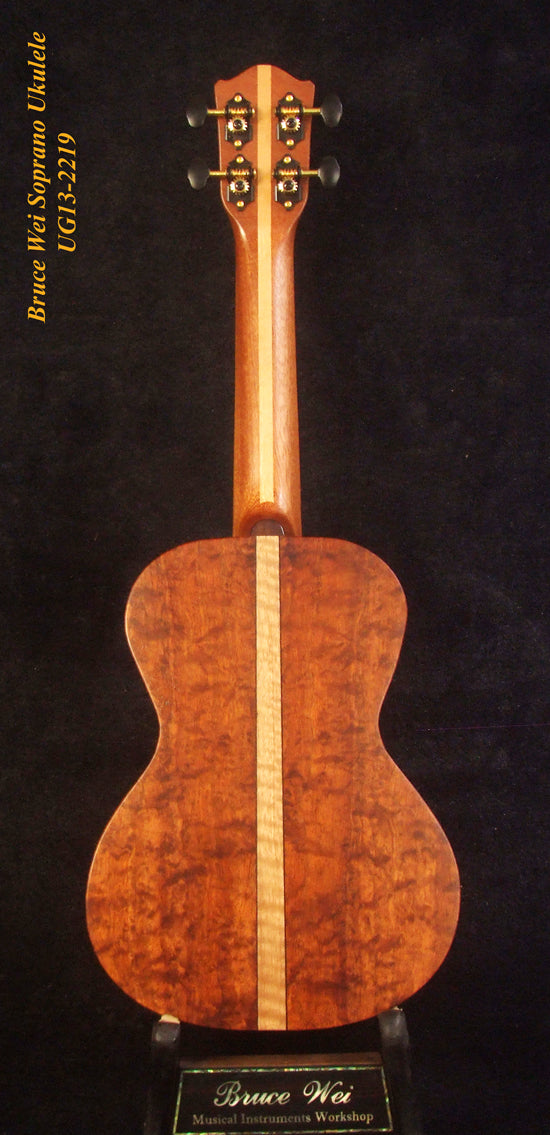 Handmade Soprano Ukulele Solid Hawaiian Koa, Turtle Soundhole, Soft-bag, Bruce Wei UG13-2219