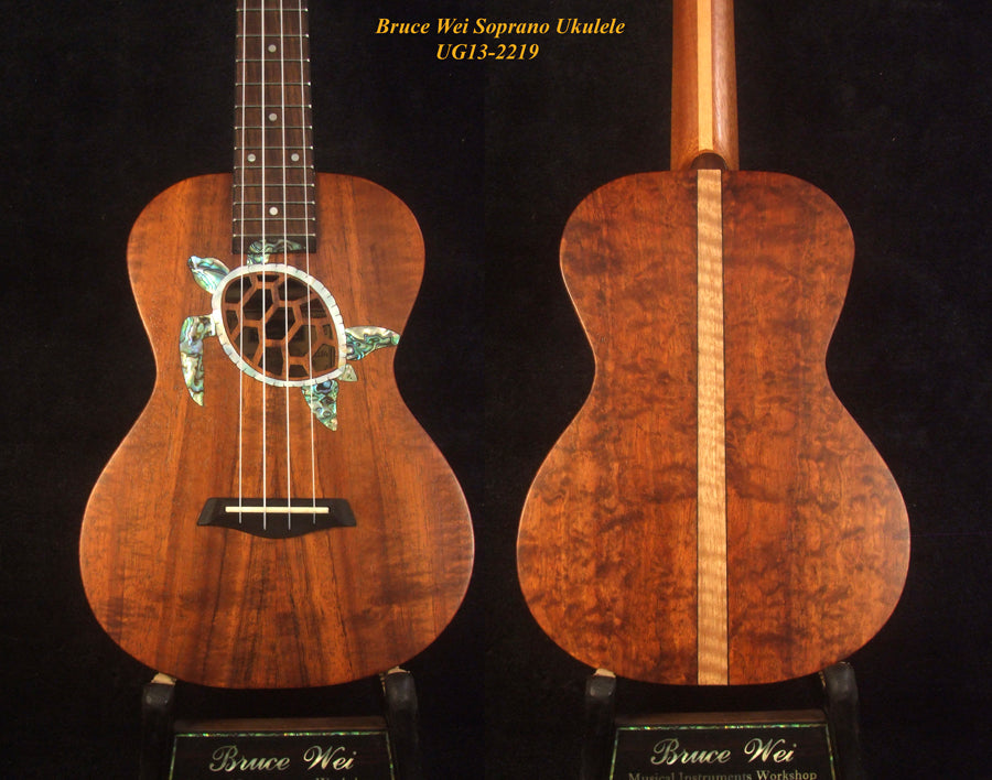 Handmade Soprano Ukulele Solid Hawaiian Koa, Turtle Soundhole, Soft-bag, Bruce Wei UG13-2219