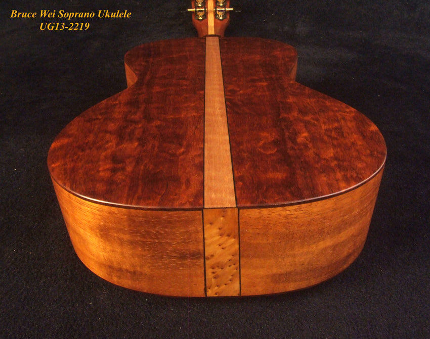 Handmade Soprano Ukulele Solid Hawaiian Koa, Turtle Soundhole, Soft-bag, Bruce Wei UG13-2219